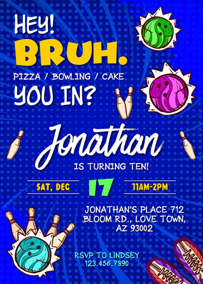 Bruh Bowling customizable invitation template | Share or Print | boy | UP585