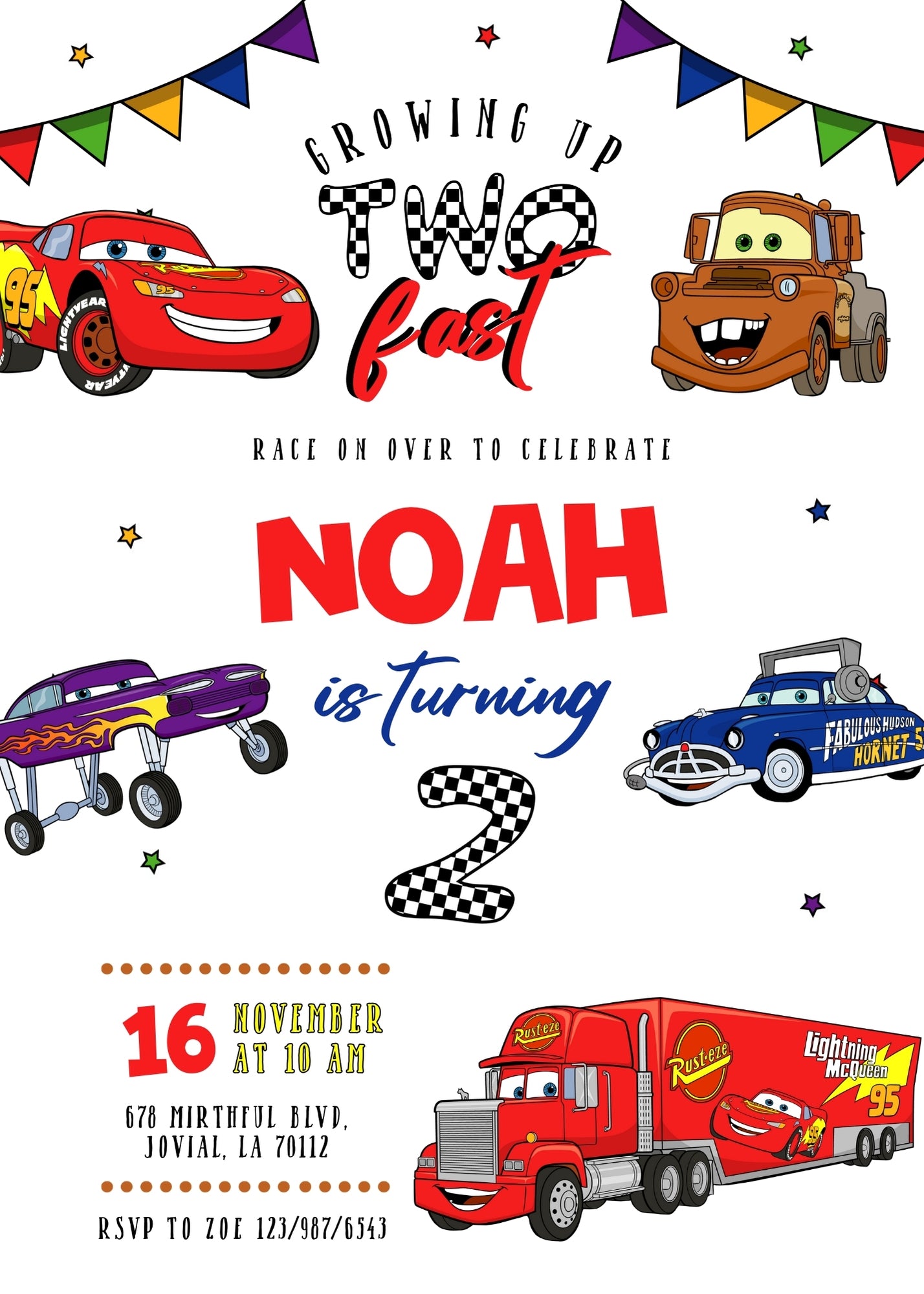 Cars Lightning Mcqueen Two customizable invitation template | Share or Print | boy | RV068
