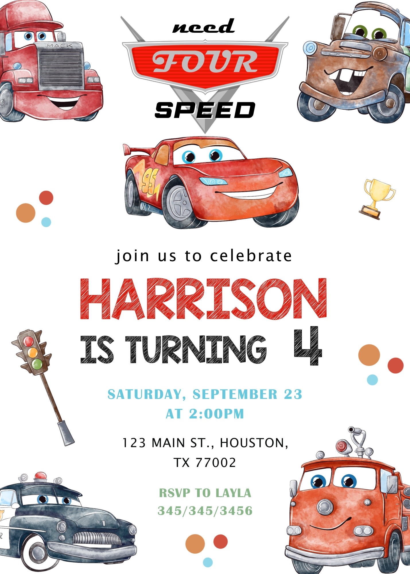 Cars Lightning Mcqueen Four customizable invitation template | Share or Print | boy | UJ289