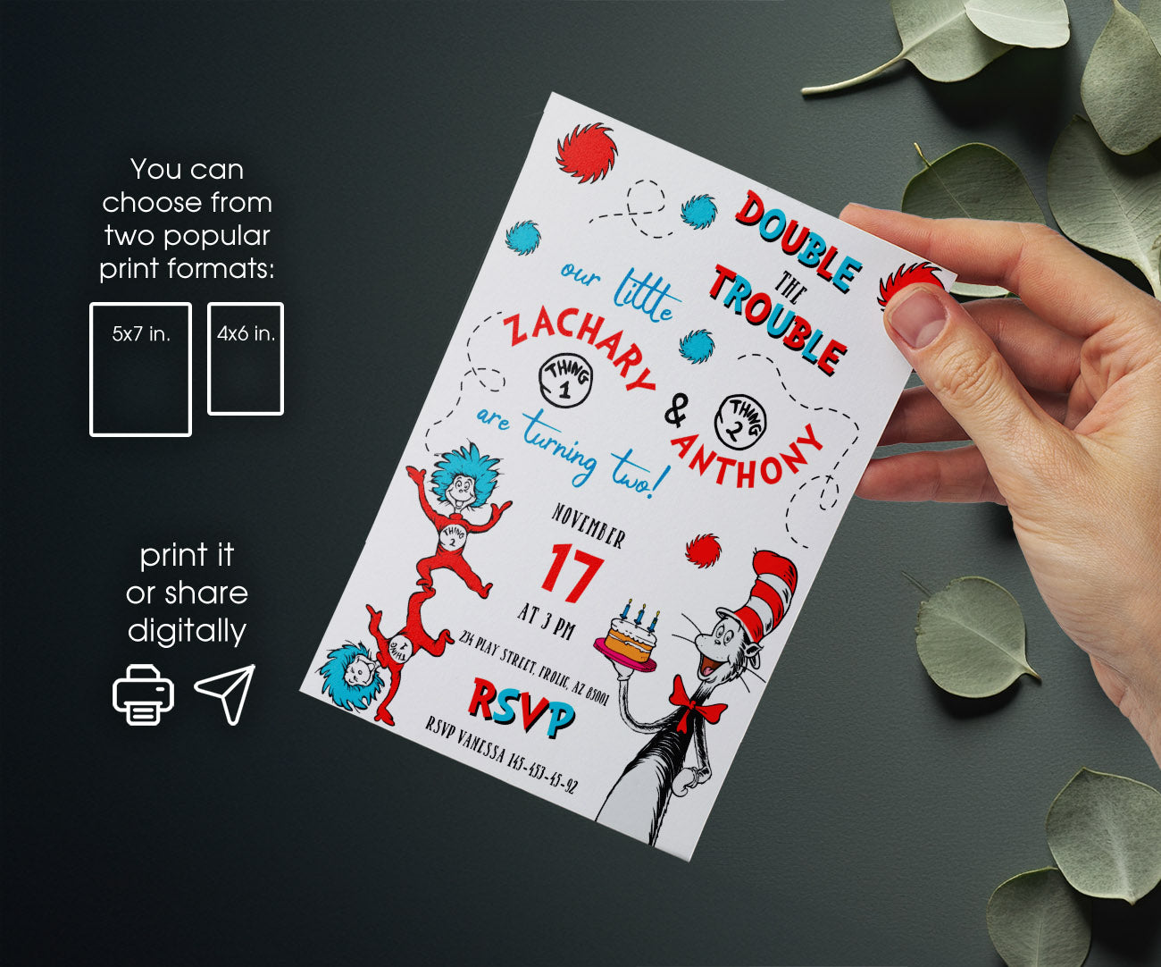Dr Seuss The Cat in the Hat Twins customizable invitation template | Share or Print | LA666