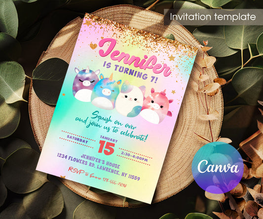 Squishmallows customizable invitation template | Share or Print | FB304