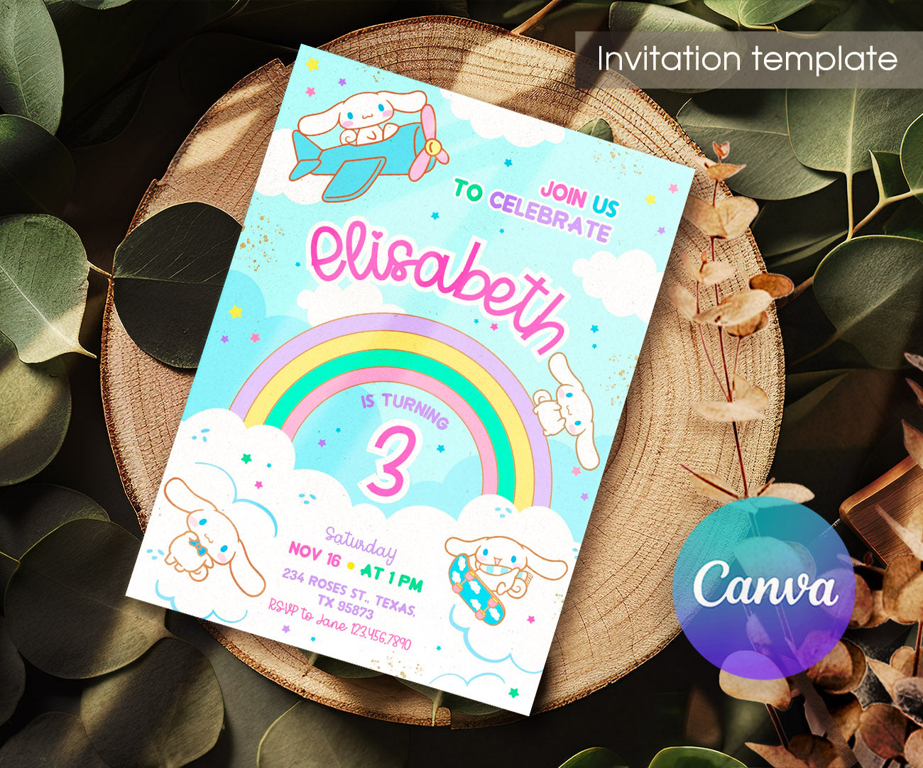 Cinnamoroll Hello Kitty Sanrio customizable invitation template | Share or Print | girl | UF594