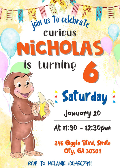 Curious George Monkey customizable invitation template | Share or Print | GS121