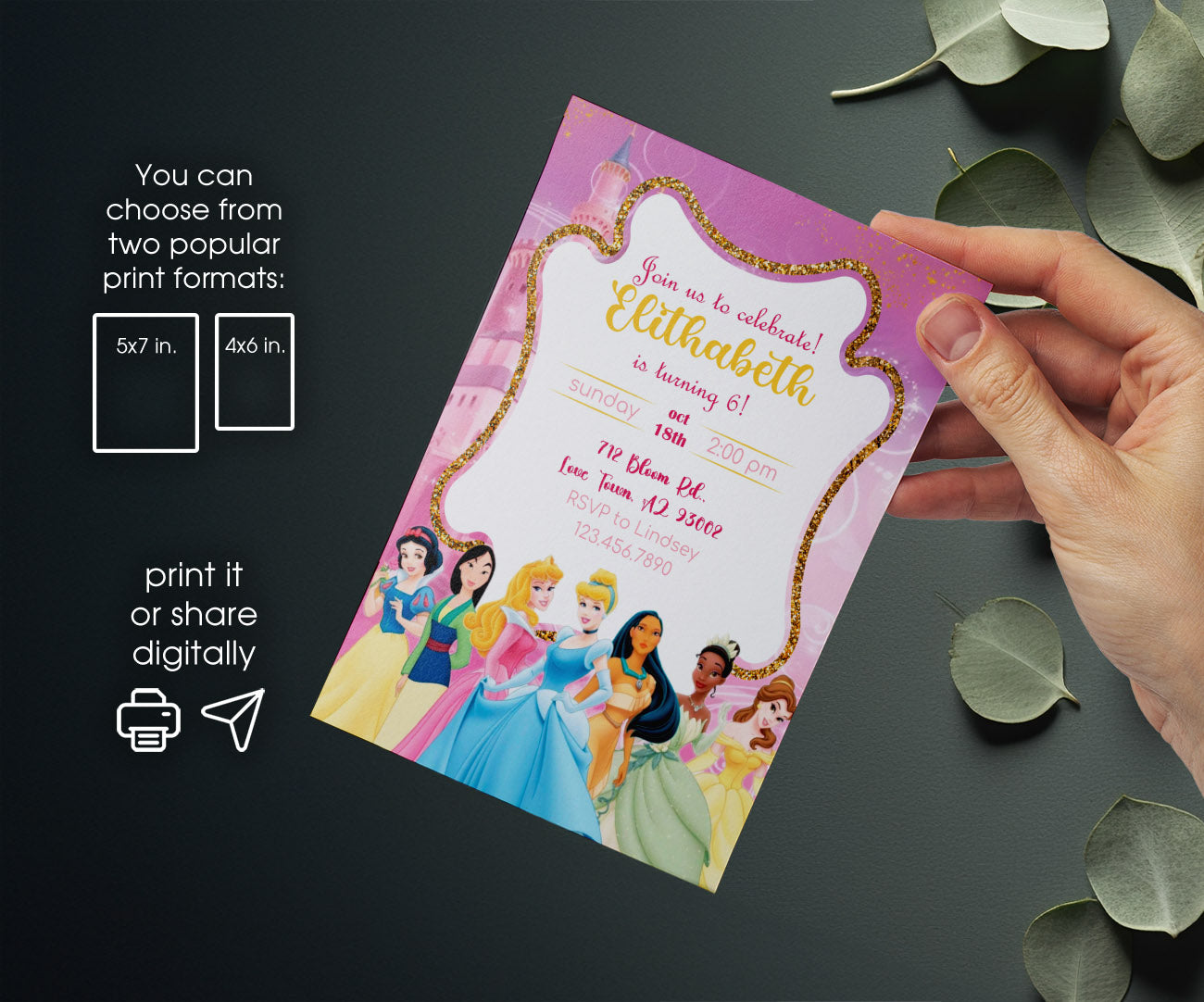 Disney Princess customizable invitation template | Share or Print | girl | XY474
