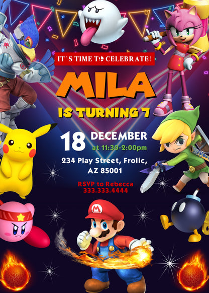 Super Smash Mario Bros customizable invitation template | Share or Print | IG045