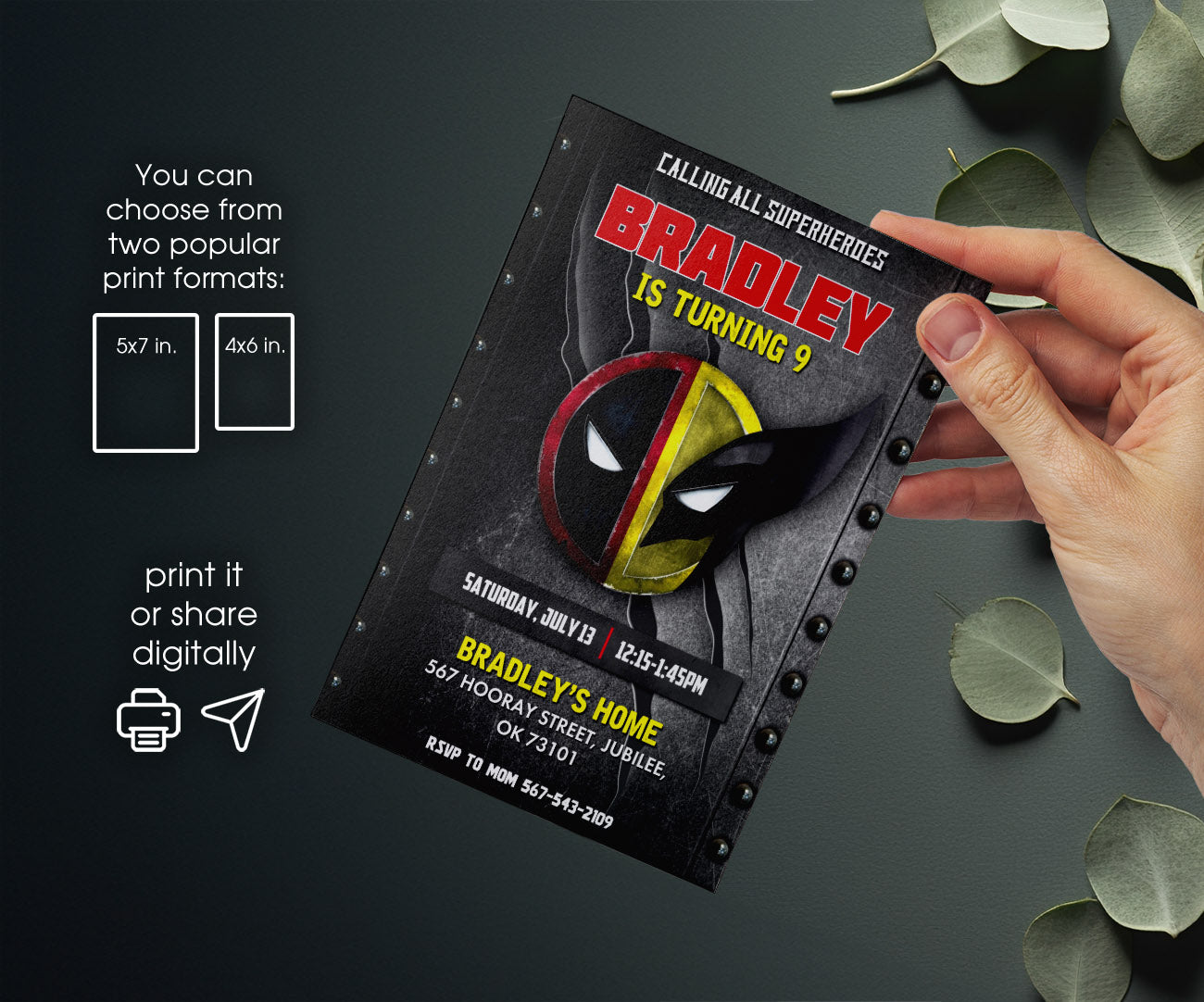 Deadpool Wolverine Marvel customizable invitation template | Share or Print | boy | HX325