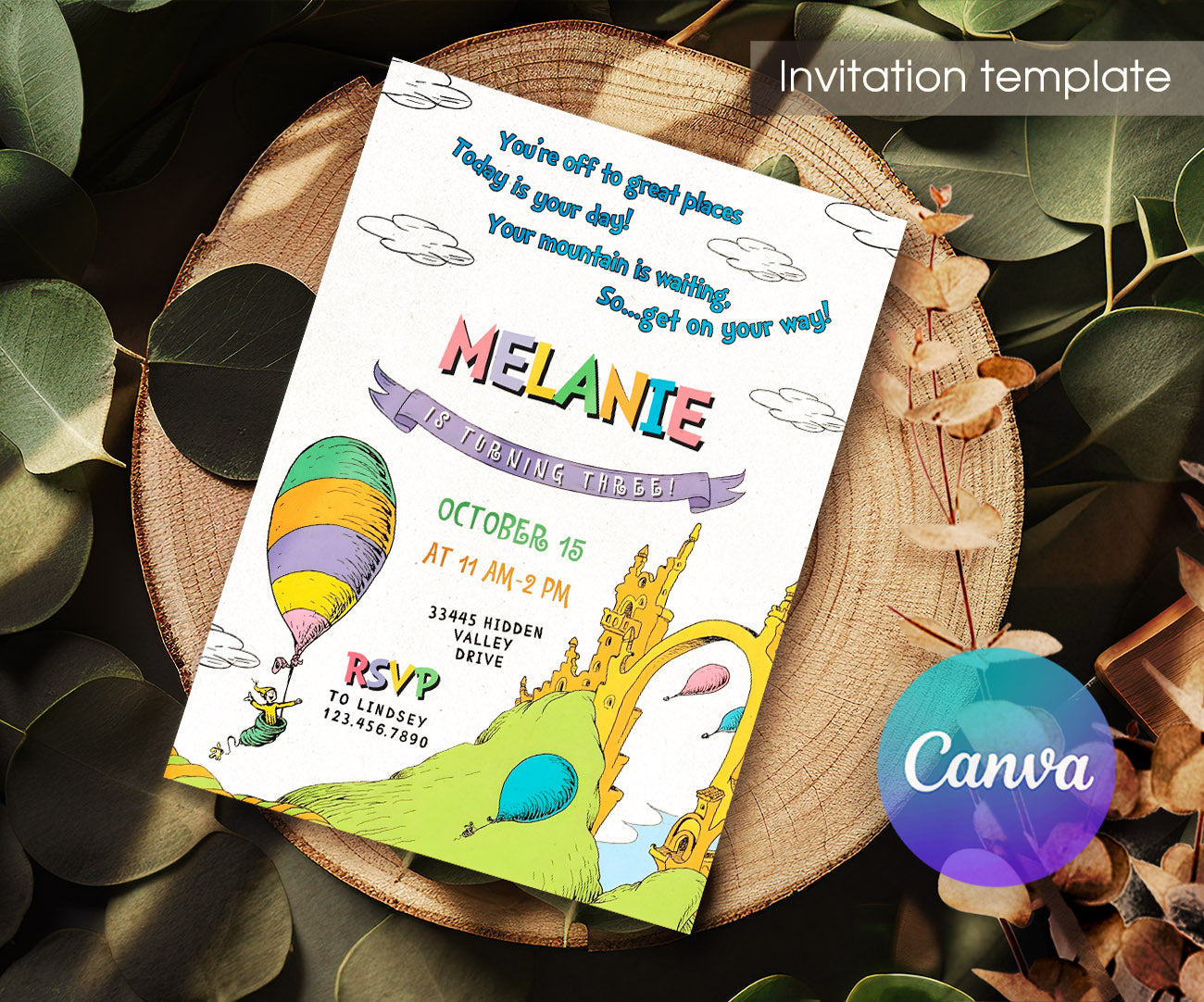 Dr Seuss Oh, the Places You'll Go customizable invitation template | Share or Print | DR262