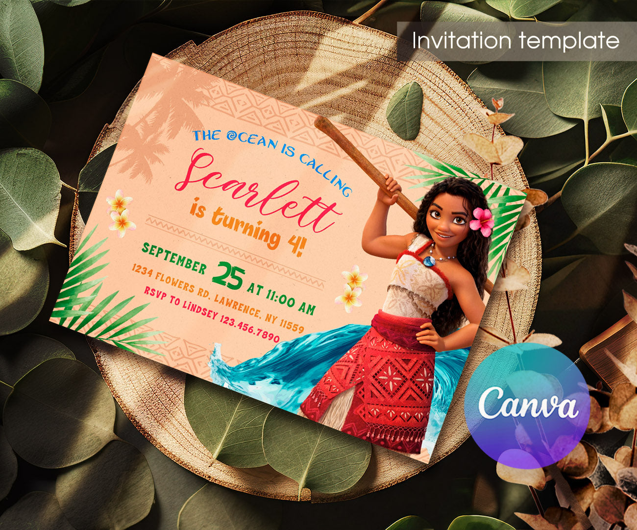 Moana Princess customizable invitation template | Share or Print | girl | QX188