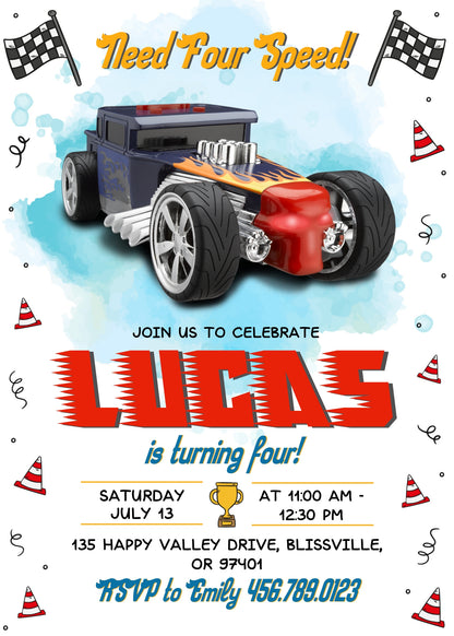 Hot Wheels Need Four Speed customizable invitation template | Share or Print | boy | CA585