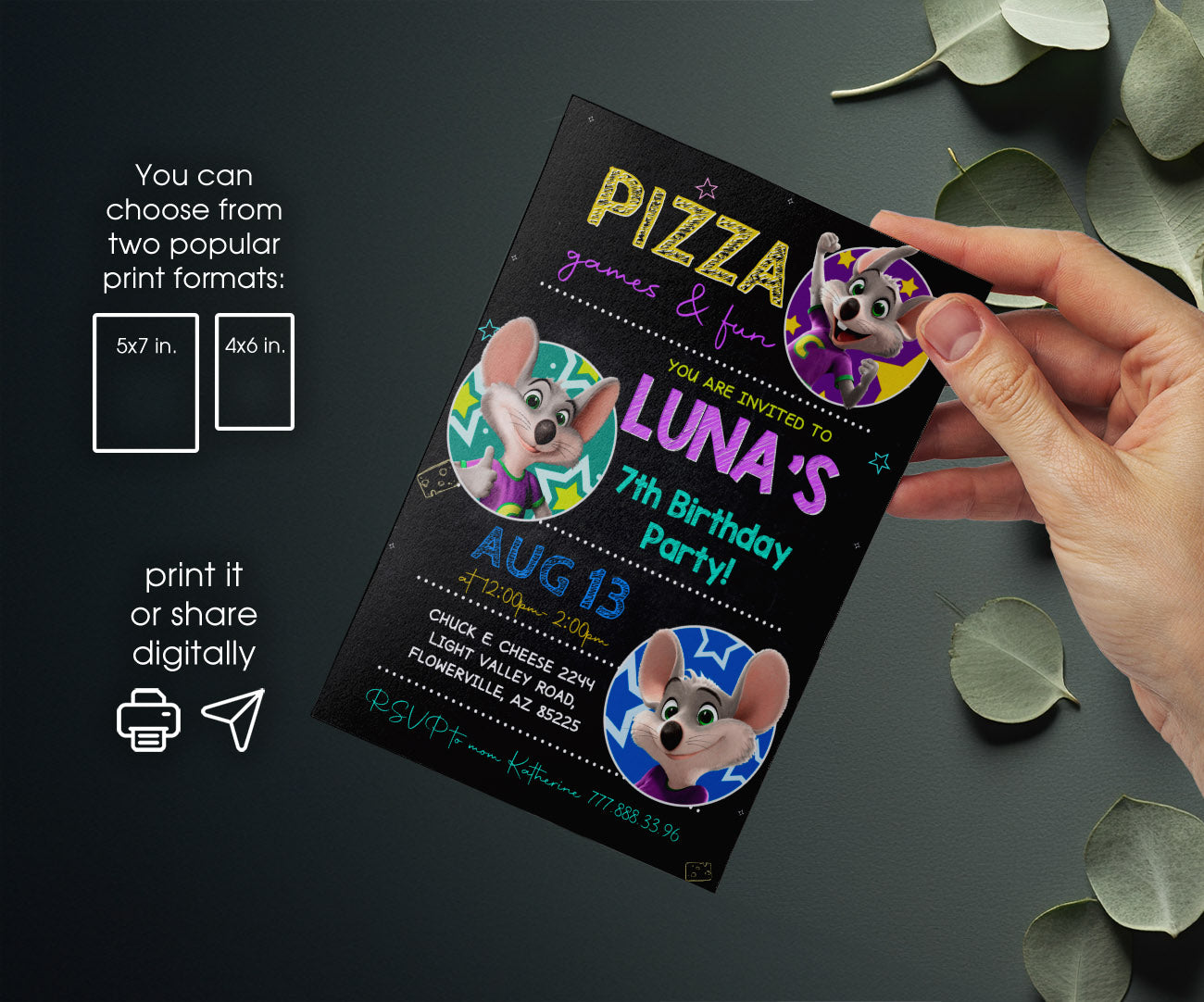 Chuck E. Cheese customizable invitation template | Share or Print | DH411