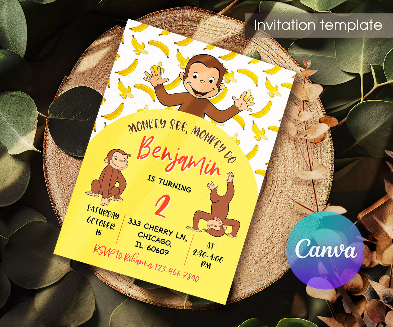 Curious George Monkey customizable invitation template | Share or Print | ER979