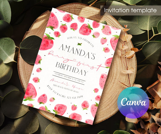 Berry First Birthday customizable invitation template | Share or Print | girl | EU902