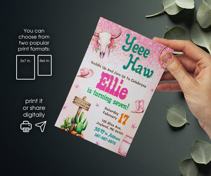 Cowgirl Pink Rodeo customizable invitation template | Share or Print | girl | VU876