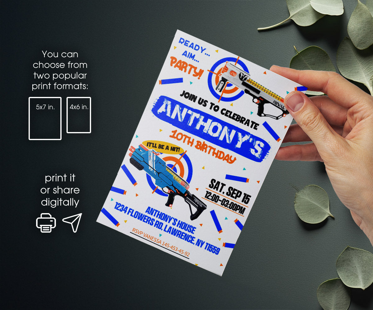 NERF Dart Wars customizable invitation template | Share or Print | boy | RQ950