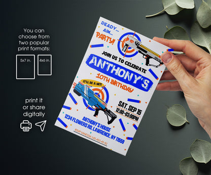 NERF Dart Wars customizable invitation template | Share or Print | boy | RQ950