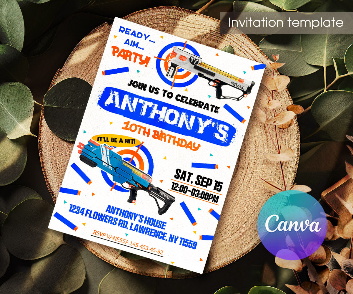 NERF Dart Wars customizable invitation template | Share or Print | boy | RQ950