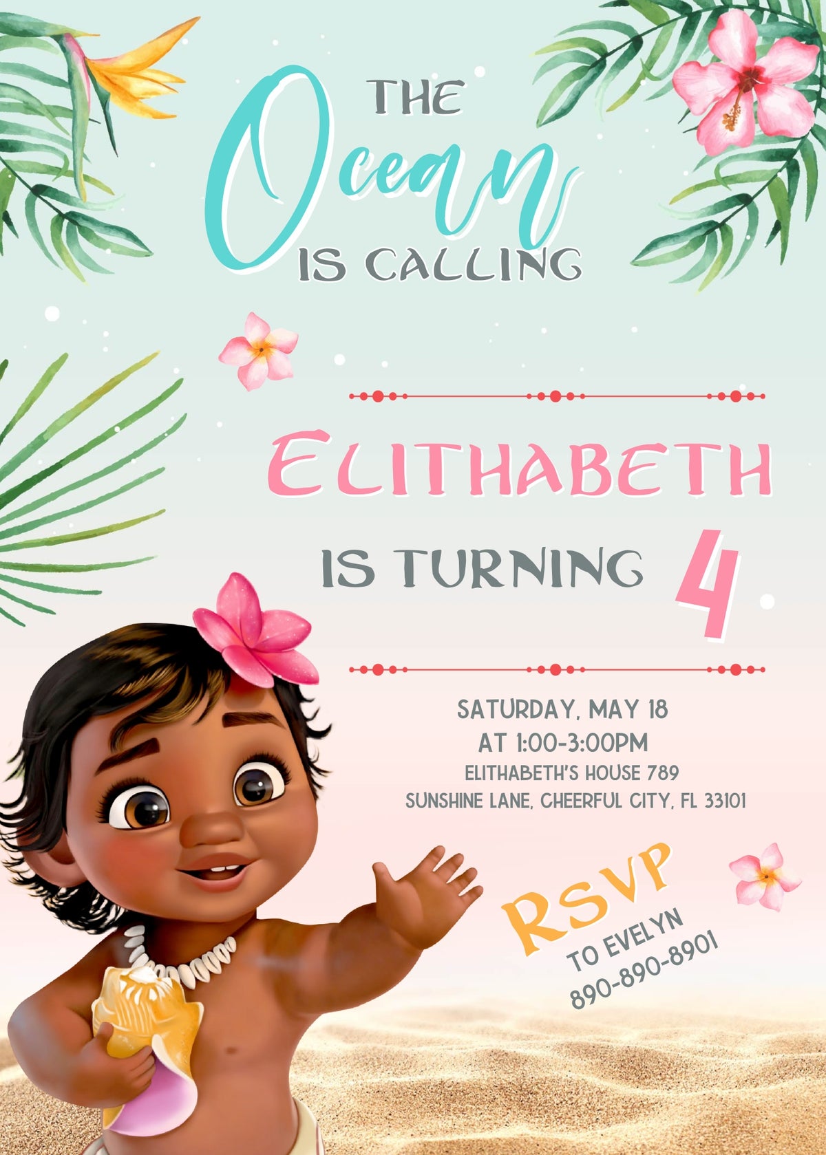 Moana Princess customizable invitation template | Share or Print | girl | MN477