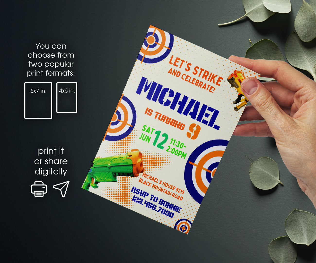 NERF Dart Wars customizable invitation template | Share or Print | boy | KA789