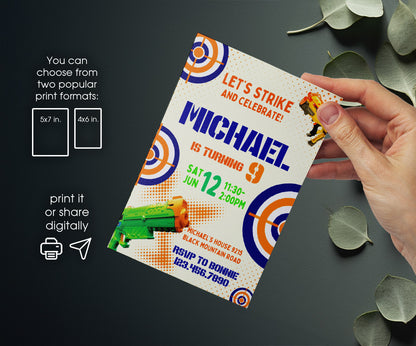 NERF Dart Wars customizable invitation template | Share or Print | boy | KA789