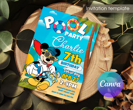 Mickey Mouse Pool Party customizable invitation template | Share or Print | DW803