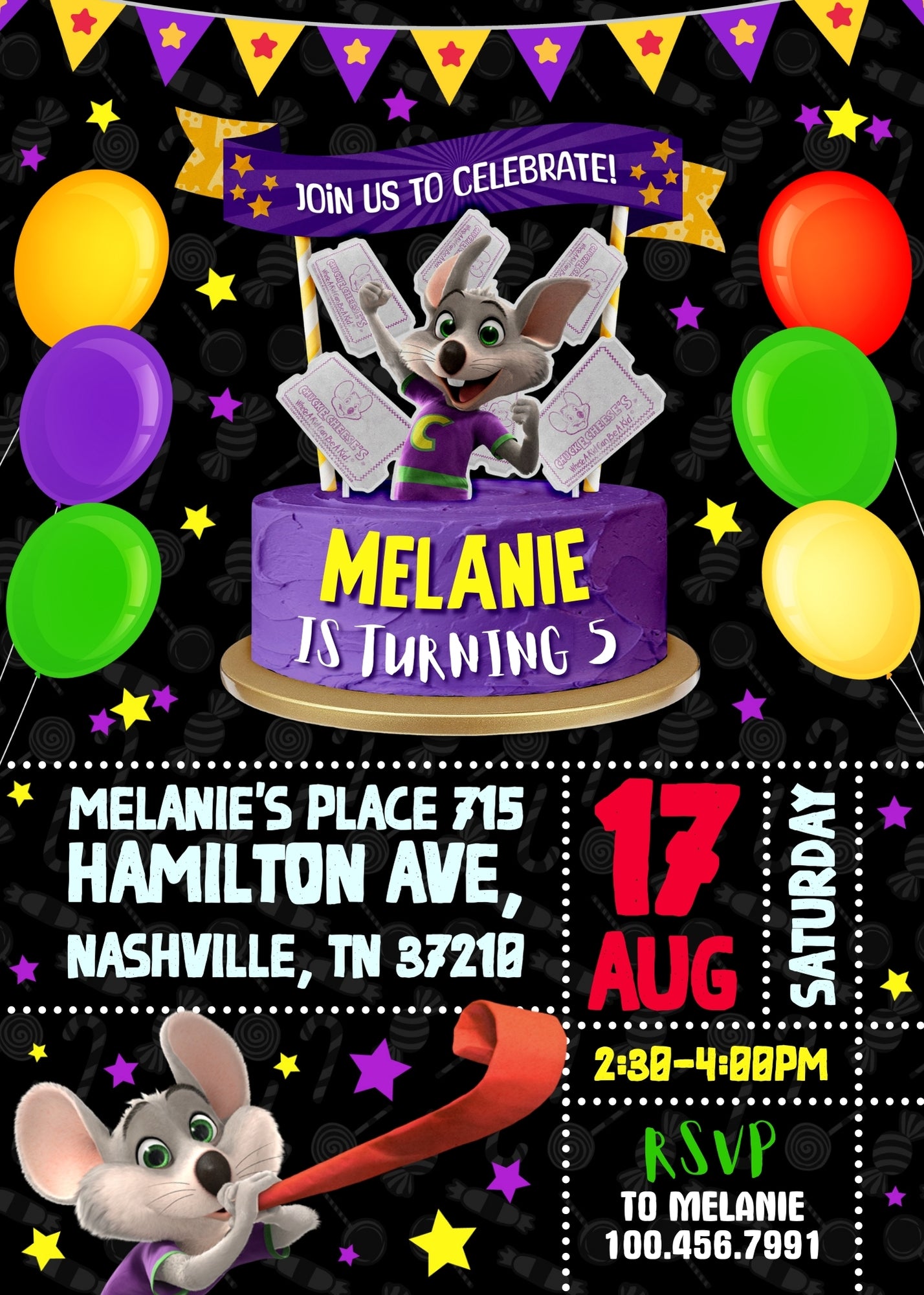 Chuck E. Cheese customizable invitation template | Share or Print | QS832