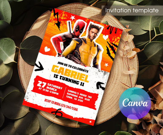 Deadpool Wolverine Marvel customizable invitation template | Share or Print | boy | HL653