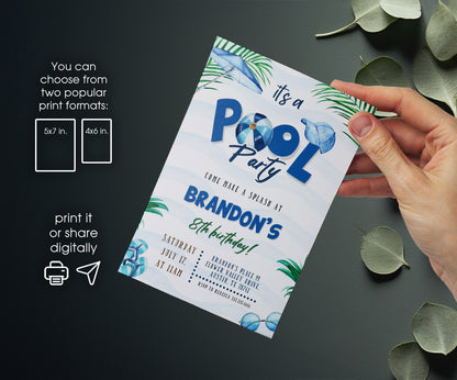 Pool Party customizable invitation template | Share or Print | boy | AH779