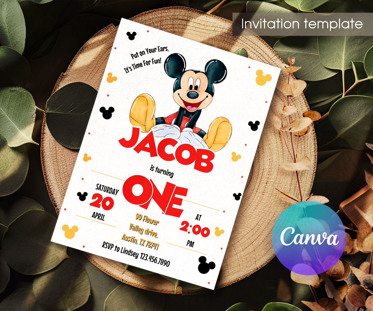 Mickey Mouse 1st Birthday customizable invitation template | Share or Print | DJ769