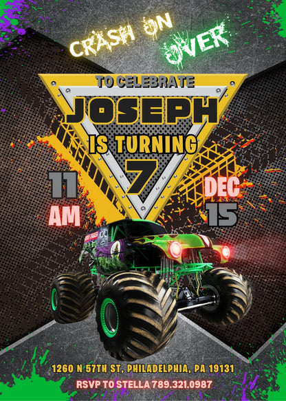 Garve Digger Monster Jam Truck customizable invitation template | Share or Print | boy | CE708