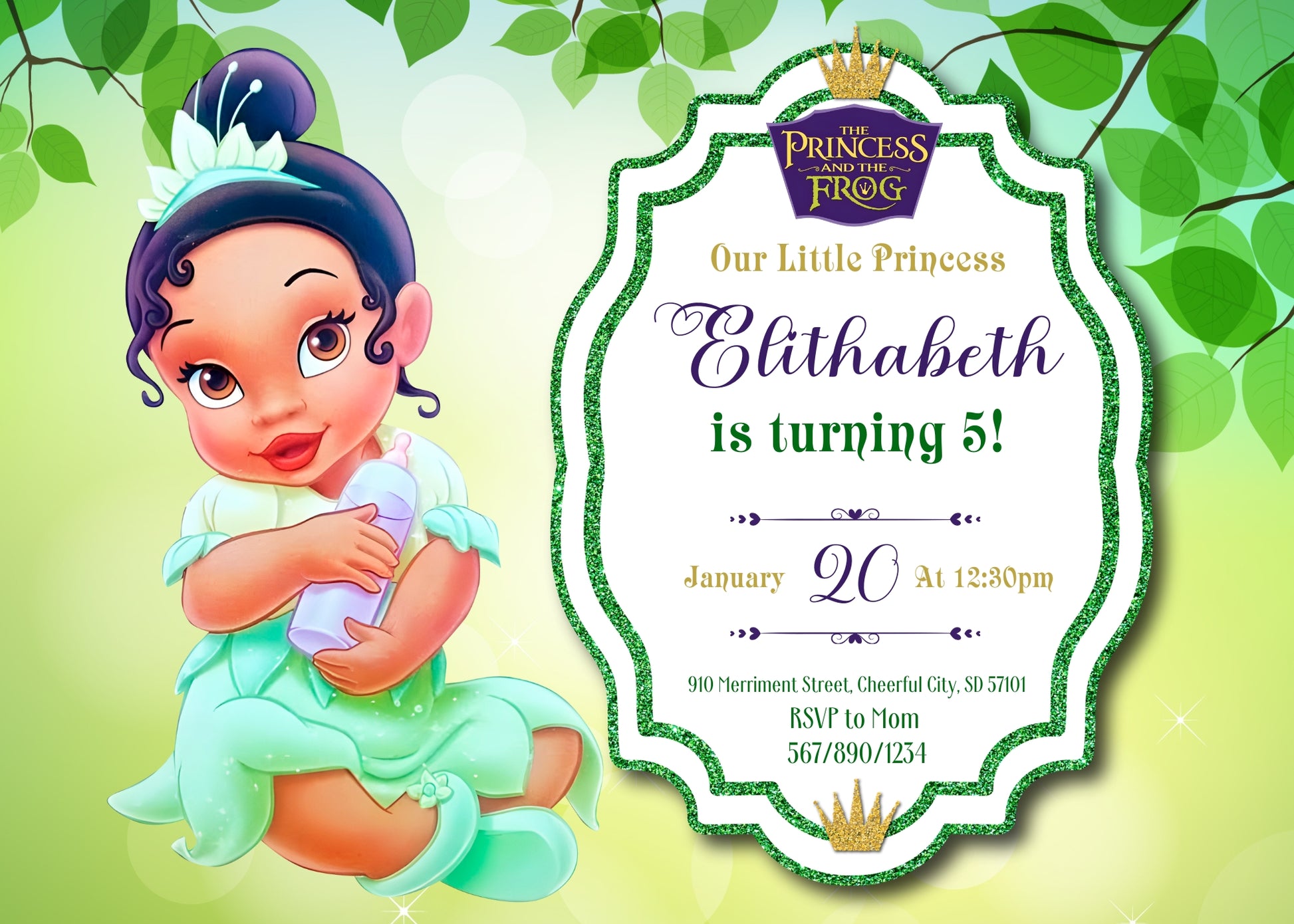 Tiana Frog Princess customizable invitation template | Share or Print | girl | UX804