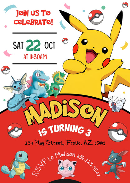 Pokemon Pikachu customizable invitation template | Share or Print | KT223