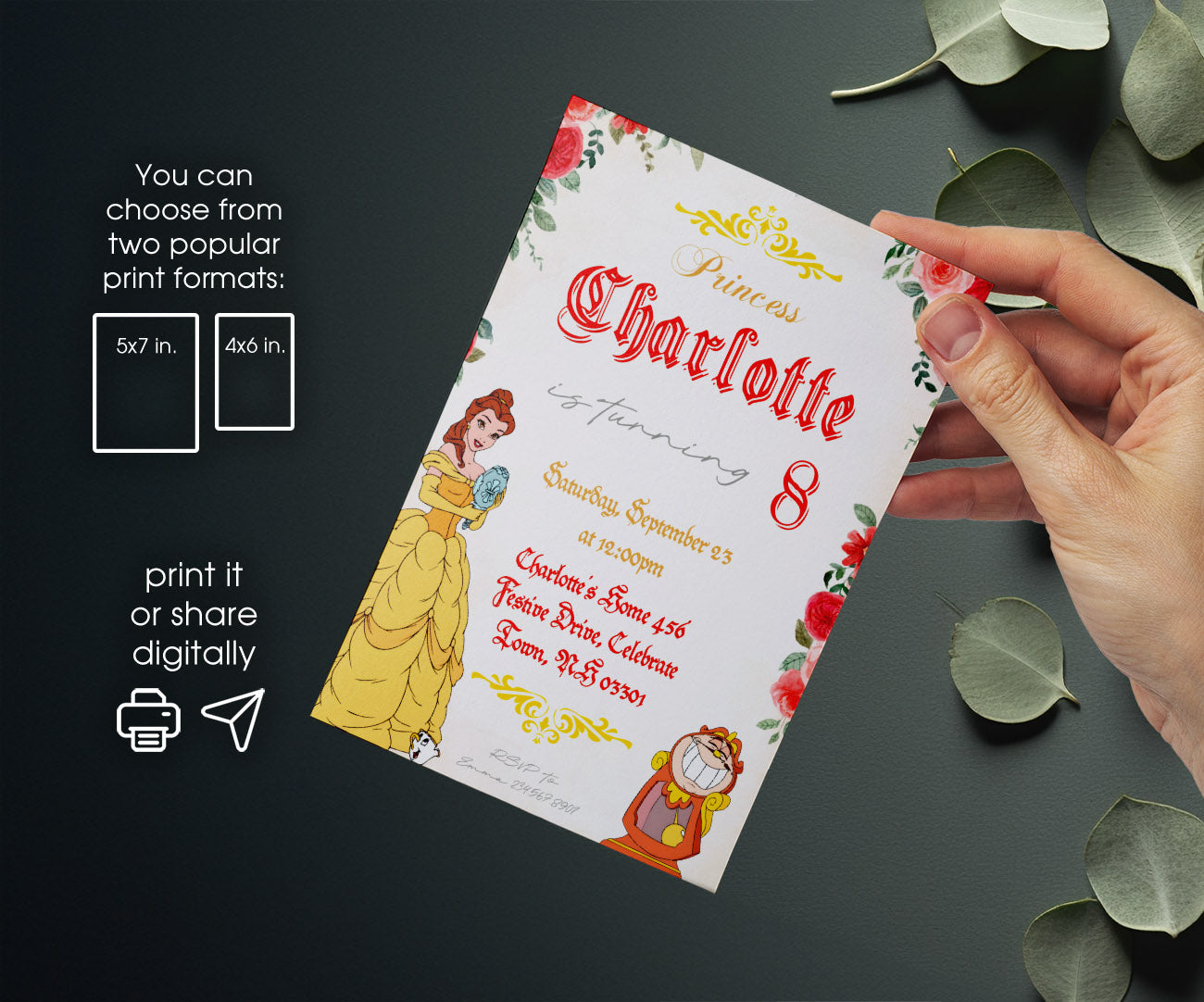 Belle Beauty And The Beast customizable invitation template | Share or Print | girl | NH460