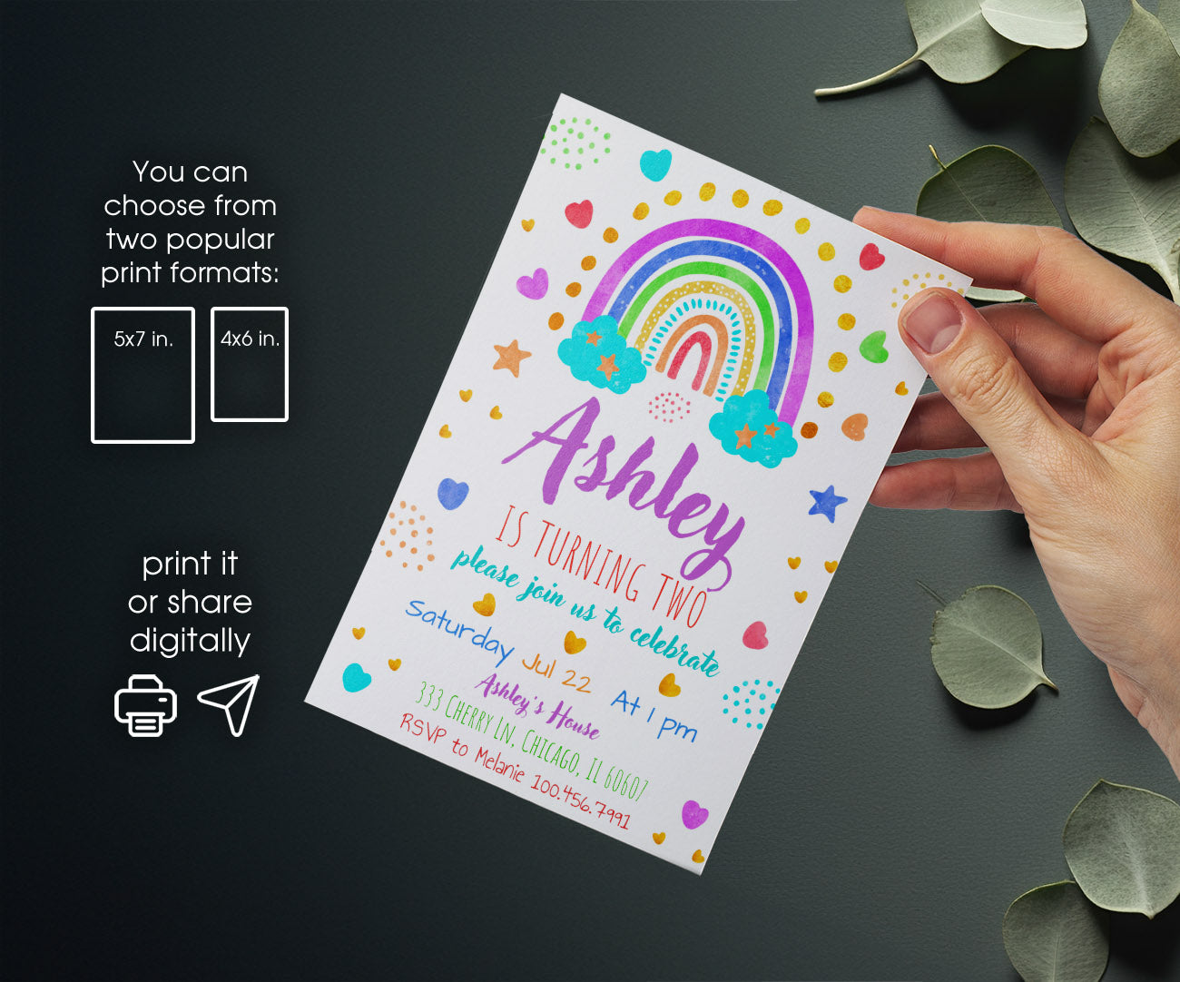 Rainbow Unicorn Party customizable invitation template | Share or Print | JT645