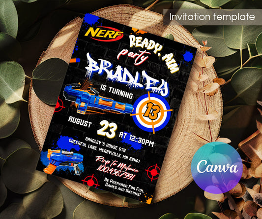 NERF Dart Wars customizable invitation template | Share or Print | boy | OA571