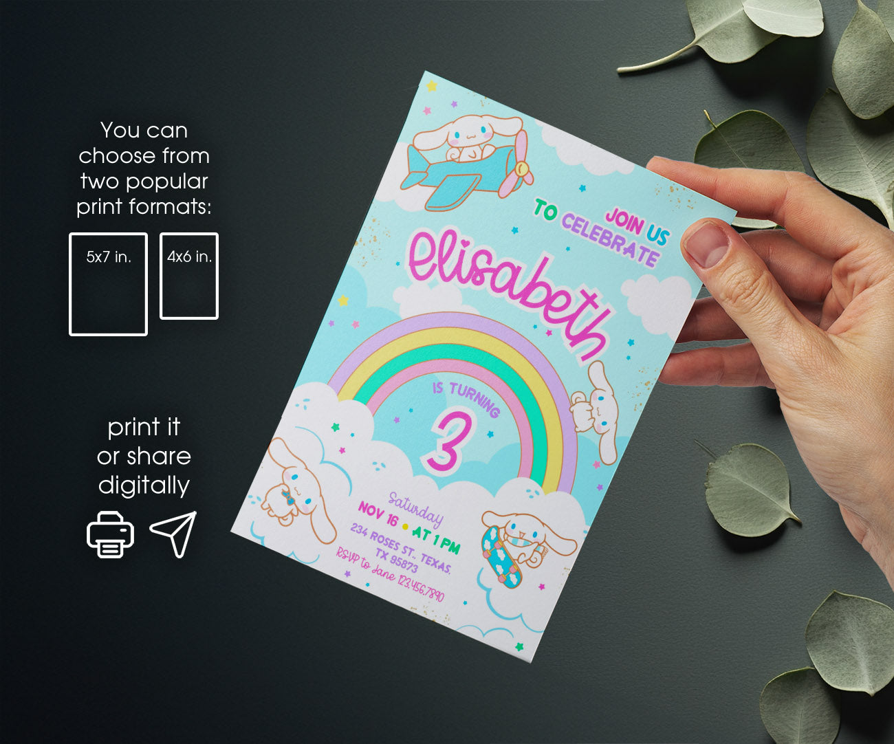 Cinnamoroll Hello Kitty Sanrio customizable invitation template | Share or Print | girl | UF594