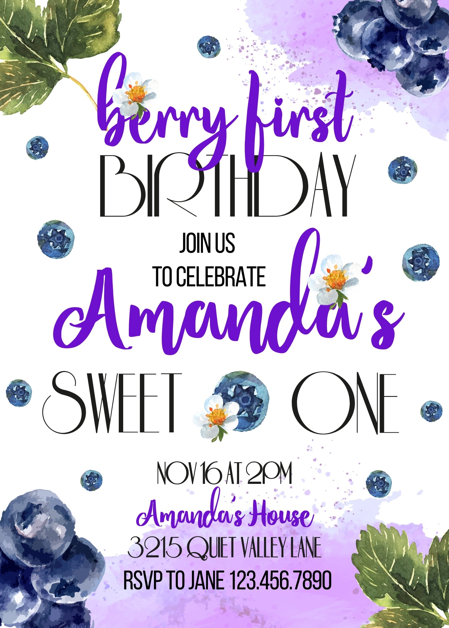 Berry First Birthday customizable invitation template | Share or Print | girl | PL755