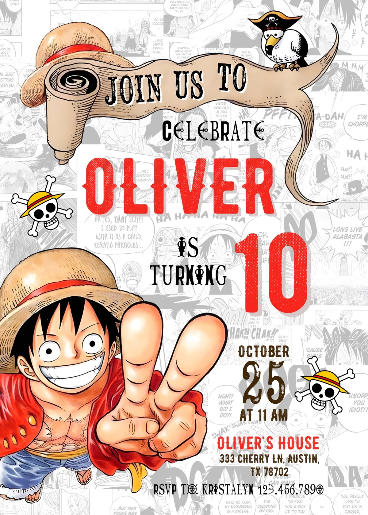 One Piece Monkey D.Luffy Anime customizable invitation template | Share or Print | VQ065