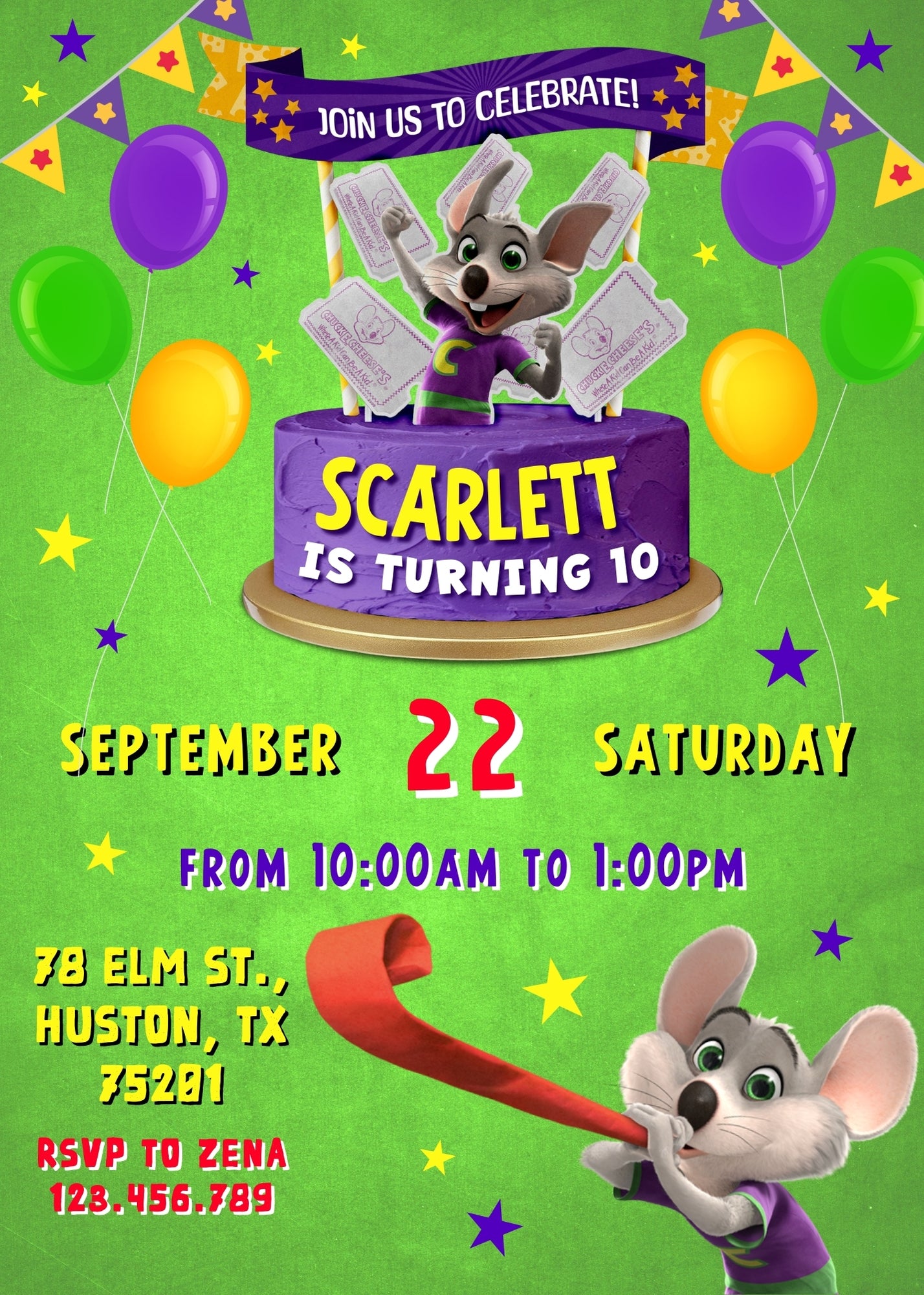 Chuck E. Cheese customizable invitation template | Share or Print | GG221
