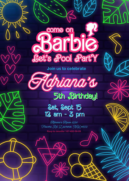 Barbie Pool Pink customizable invitation template | Share or Print | girl | OK645