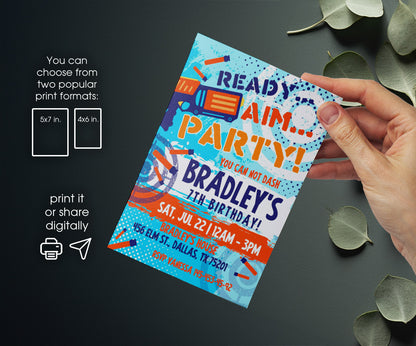 Dart Gun NERF Blaster customizable invitation template | Share or Print | boy | LL792