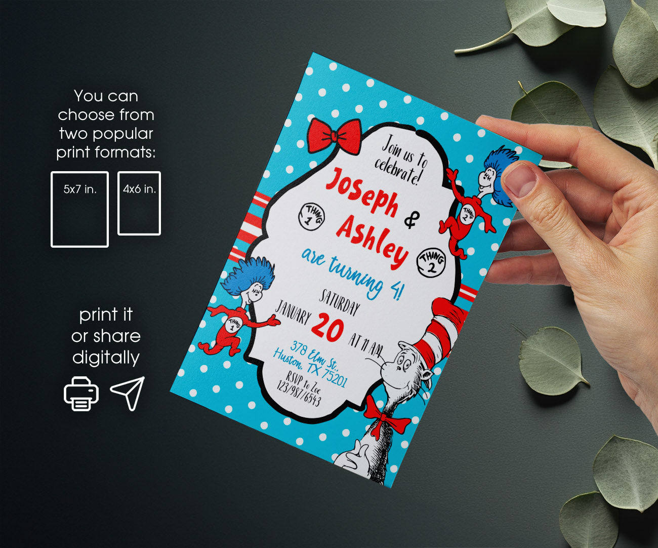 Dr Seuss The Cat in the Hat Twins customizable invitation template | Share or Print | KS530