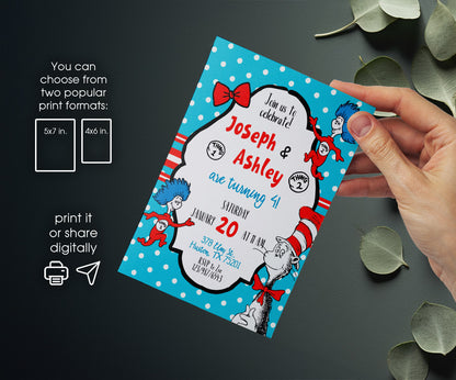 Dr Seuss The Cat in the Hat Twins customizable invitation template | Share or Print | KS530