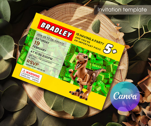 Lego Dinosaur T-Rex customizable invitation template | Share or Print | AA799