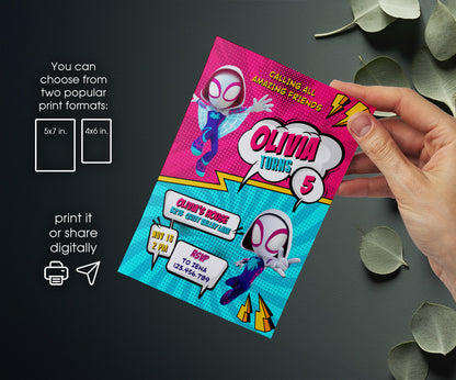 Spider Gwen Ghost Spidey customizable invitation template | Share or Print | girl | UR901