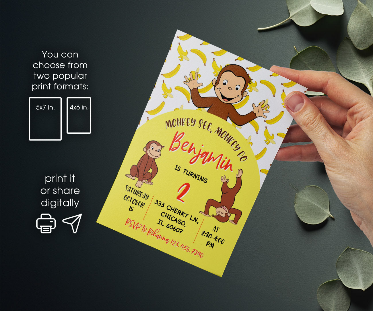 Curious George Monkey customizable invitation template | Share or Print | ER979