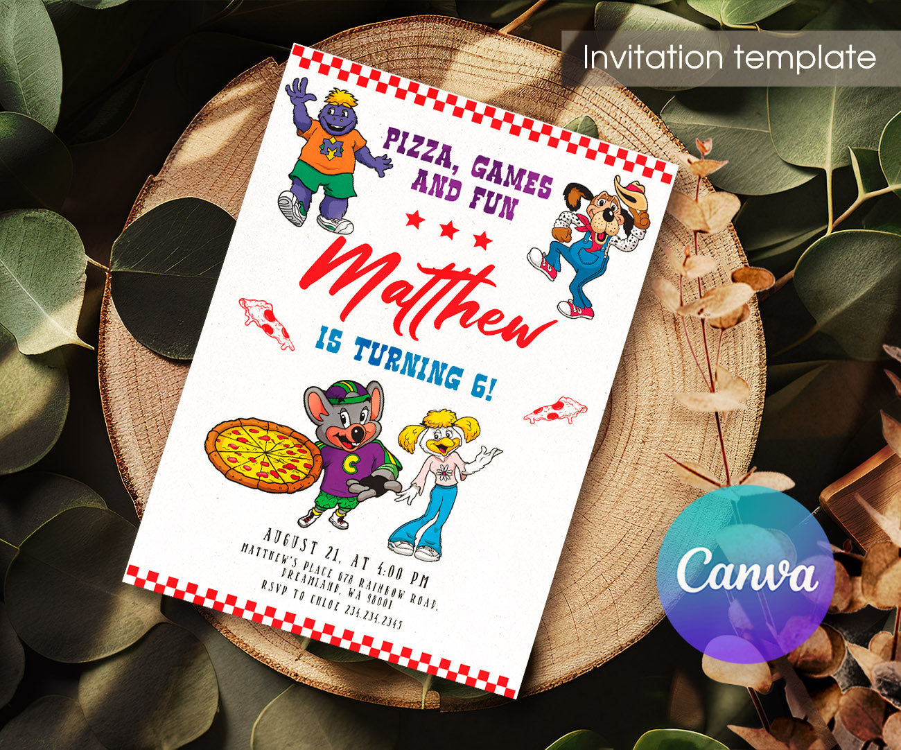 Chuck E. Cheese customizable invitation template | Share or Print | PJ685