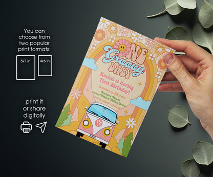 Groovy 1st Bday Hippie Van customizable invitation template | Share or Print | XM369