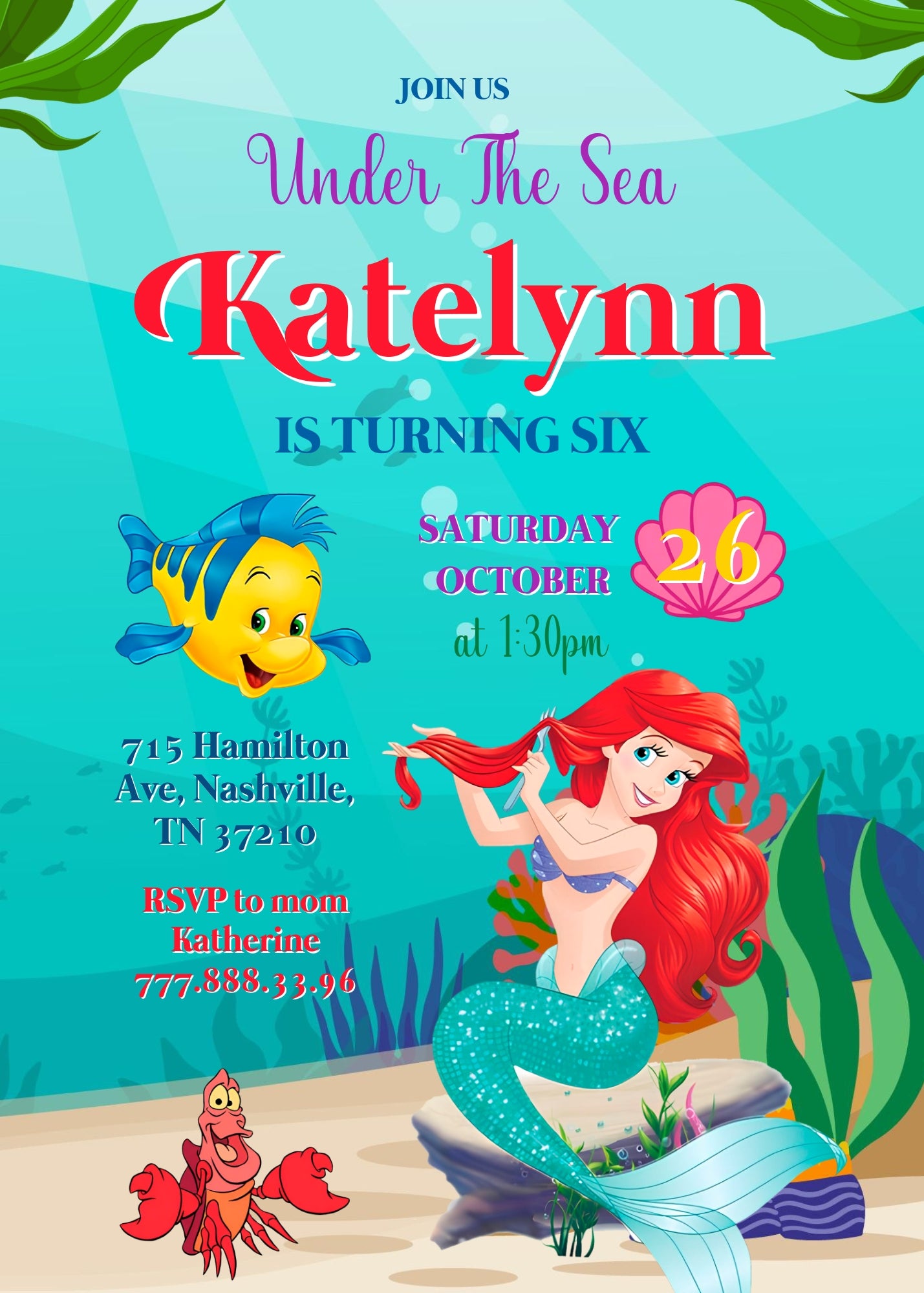 Ariel The Little Mermaid customizable invitation template | Share or Print | girl | AD235