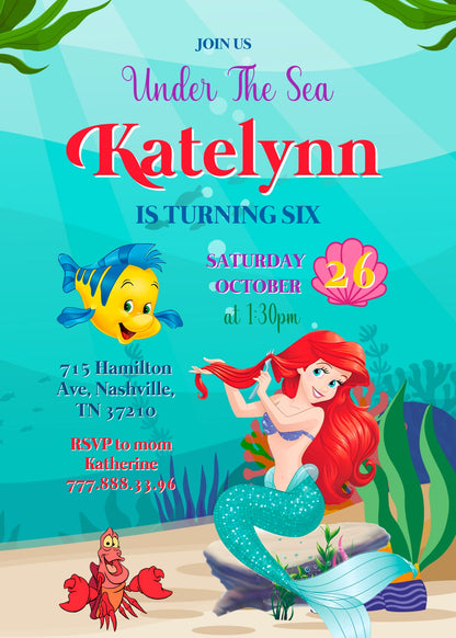 Ariel The Little Mermaid customizable invitation template | Share or Print | girl | AD235