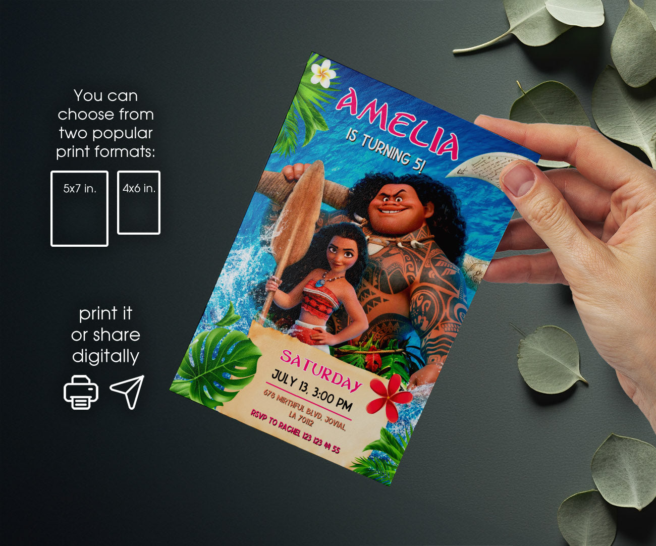 Moana Princess customizable invitation template | Share or Print | girl | DE723